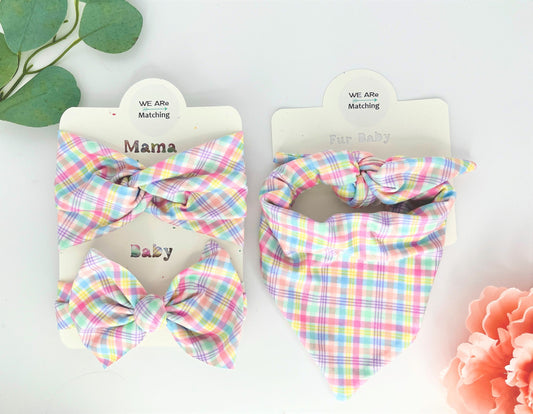 Matching Baby Bow + Dog Bandana + Knotted Headband for Mom| Handmade| soft fabric| Baby Shower gift| Matching outfit for the whole family