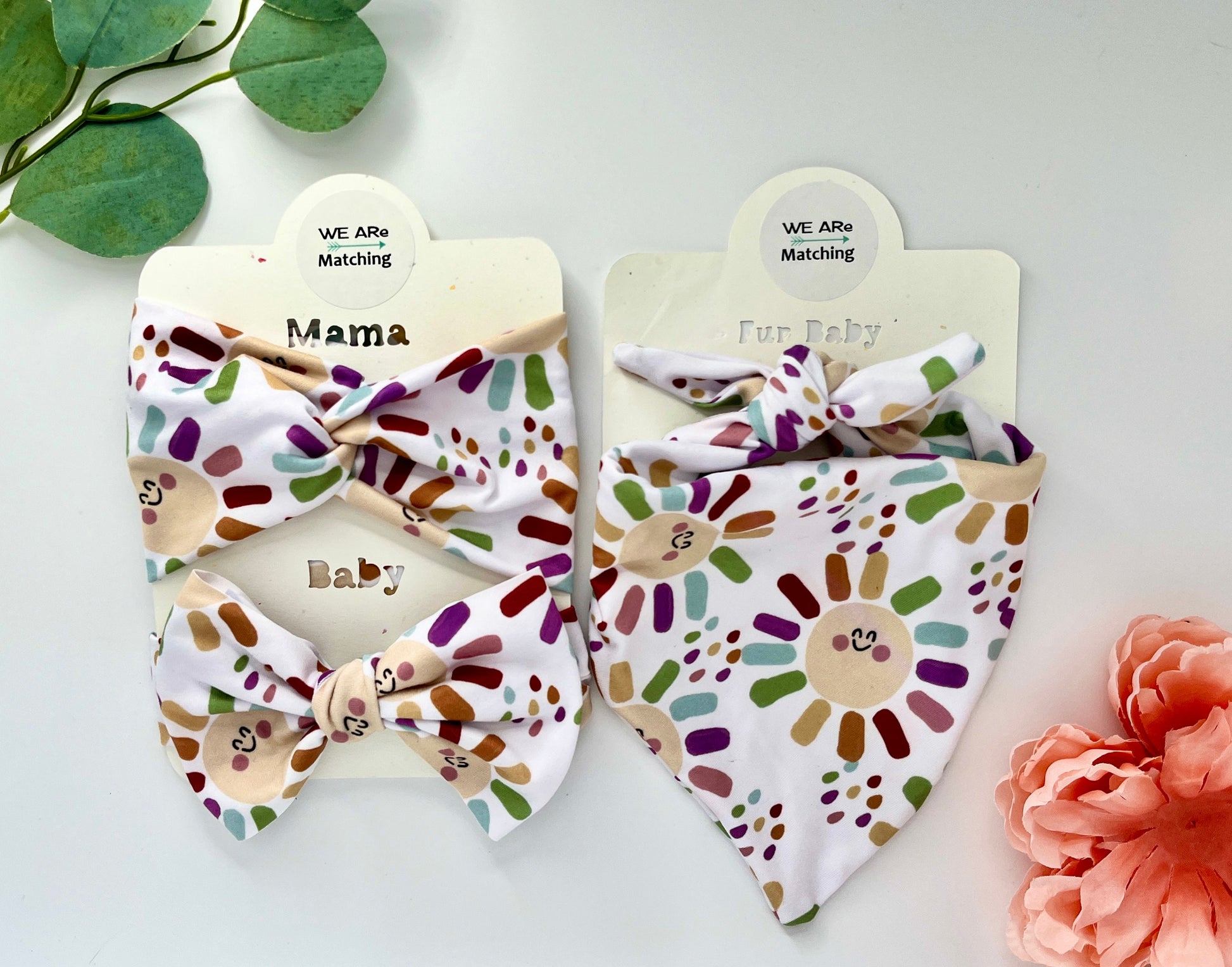 Matching Baby Bow + Dog Bandana + Knotted Headband for Mom| Handmade with soft fabric| Baby Shower gift| Sized to fit