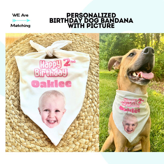 Personalized Birthday Dog Bandana with Photo| Tie-on Pet Neck| sizes XX Small to XX Large| Soft, Durable, Ink Infused fabric |For birthdays